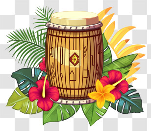 Wooden Drum - Tropical Drum With Floral Decoration Transparent PNG