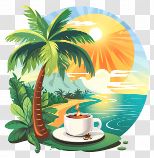 Summer Morning - Tropical Beach With Sunrise And Coffee Cup Transparent PNG