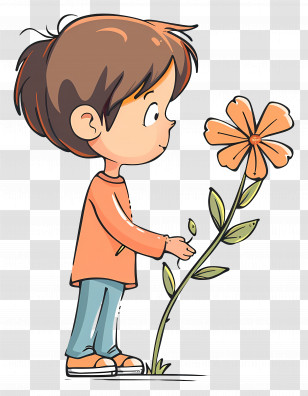 Boy Observing A Flower - Cartoon Boy Observing A Flower Transparent PNG