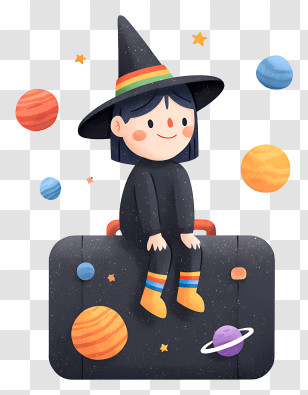 Witch Sitting On Suitcase - Cute Space Witch On Suitcase Transparent PNG