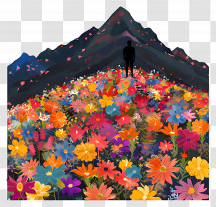 Mountains - Silhouette Of Mountain With Colorful Flower Field Transparent PNG
