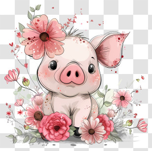 Pig Day - Cute Pig With Flowers In Cartoon Style Transparent PNG