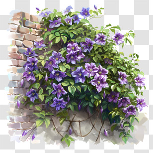 Clematis - Beautiful Purple Flowers On Brick Wall Transparent PNG