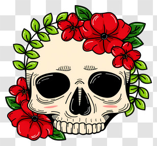 Halloween Skull Flowers - Decorative Skull With Red Flowers Transparent PNG