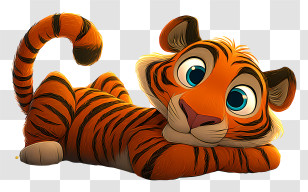 Cartoon Tiger - Adorable Orange Tiger Cub Lying Transparent PNG