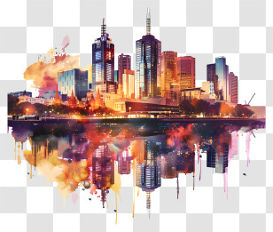 Melbourne City Skyline - Vivid Colorful Cityscape Illustration With Reflection Transparent PNG