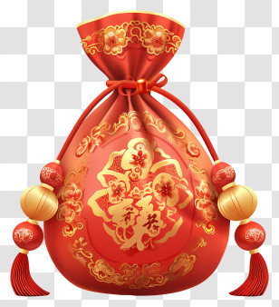 Money Bag - Red Bag With Gold Pattern And Ornaments Transparent PNG