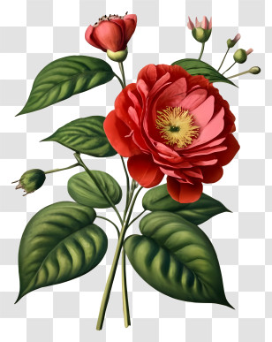Rose Illustration - Red Blooming Flower Illustration With Green Leaves Transparent PNG