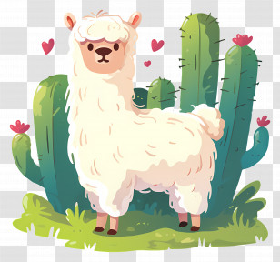 Alpaca Cartoon - Adorable Llama With Cactus Transparent PNG