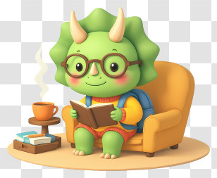 Triceratops Mascot Reading - Cute Dino Reading In Armchair Transparent PNG