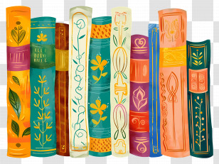 Books Standing - Illustrated Colorful Patterned Book Spines Transparent PNG