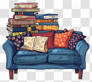 Sofa - Cozy Couch With Books And Decorative Pillows Transparent PNG