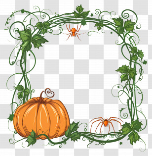 Halloween Frame - Pumpkin And Vines Frame With Spiders Transparent PNG