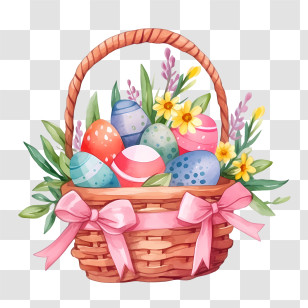 Easter Basket - Colorful Easter Basket With Eggs And Flowers Transparent PNG