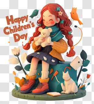 Childrens Day Decoration - Happy Children's Day Girl With Teddy Transparent PNG