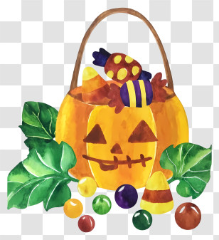 Halloween Pumpkin Basket - Pumpkin Candy Basket With Leaves Transparent PNG