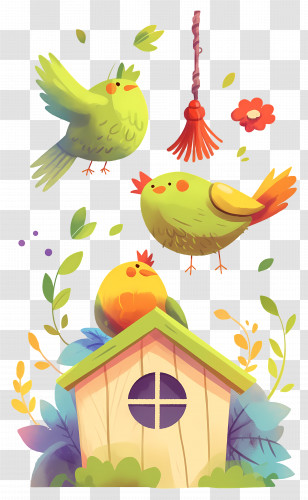 Cartoon Birds - Colorful Birds With Birdhouse Transparent PNG