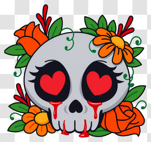Halloween Skull Flowers - Heart-Eyed Skull With Flowers Transparent PNG