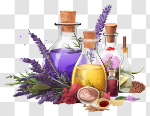 Aromatherapy - Essential Oil Bottles With Lavender And Flowers Transparent PNG