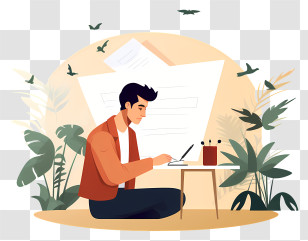 Office Work - Man Working On Laptop Surrounded By Plants Transparent PNG