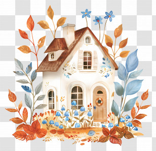 Autumn House - Charming Autumn House Illustration With Flowers Transparent PNG