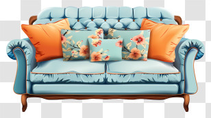 Sofa With Pillows - Elegant Blue Sofa With Vibrant Cushions Transparent PNG