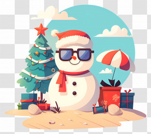 Beach Christmas Snowman - Christmas Snowman With Sunglasses At The Beach Transparent PNG