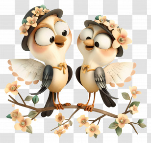 Animal - Cute Birds With Hats On A Branch Transparent PNG