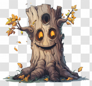 Tree Trunk - Smiling Tree Stump With Autumn Leaves Transparent PNG