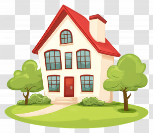 Cartoon House - Cute Cartoon House Illustration With Red Roof And Trees Transparent PNG