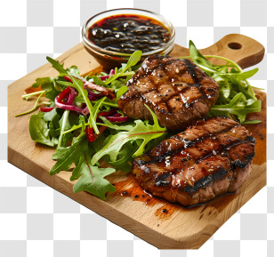 Steak - Grilled Steak With Salad On A Wooden Platter Transparent PNG
