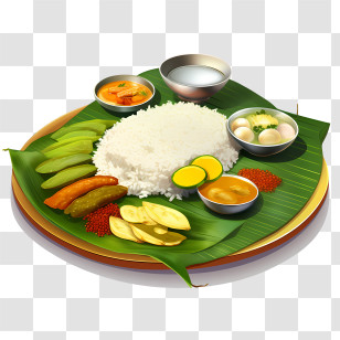 Onam Sadya Food - Indian Traditional Meal Served On A Banana Leaf Illustration Transparent PNG