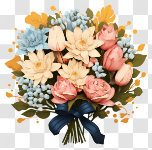 Flat Flower Arranging - Beautiful Flower Bouquet With Ribbon Transparent PNG