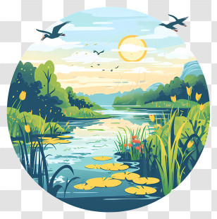 World Wetlands Day - Scenic Landscape Illustration With Lake And Birds Transparent PNG