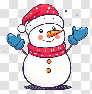 Christmas Snowman - Cheerful Snowman With Red Santa Hat And Blue Gloves Transparent PNG