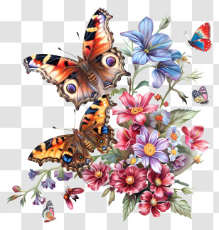 Butterflies - Beautiful Butterflies With Colorful Flowers Transparent PNG