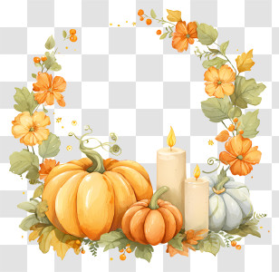 Pumpkins Candles Leaves Frame - Autumn Pumpkin Candle Wreath Transparent PNG