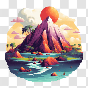 Volcano - Tropical Island Illustration With Lush Elements Transparent PNG