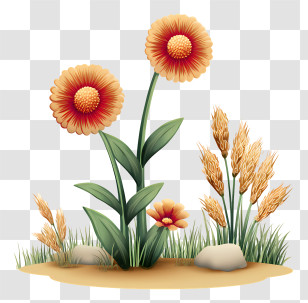Prairie - Beautiful Flowers And Wheat Illustration Transparent PNG