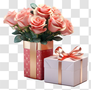 Gift Box - Pink Roses With Dual Gift Boxes Transparent PNG