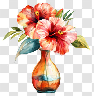 Vase With Flowers - Bright Hibiscus Flowers In A Vase Transparent PNG