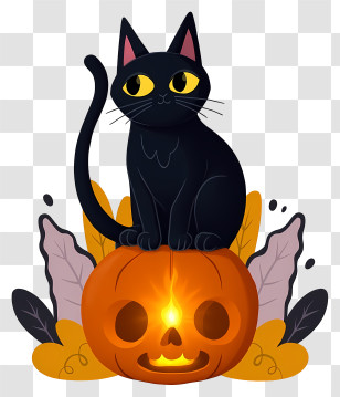 Halloween Cat In Pumpkin - Black Cat On Pumpkin With Leaves Transparent PNG
