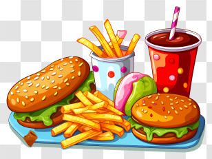 Cartoon Meal - Fast Food Combo With Burgers, Fries, And Soda Transparent PNG
