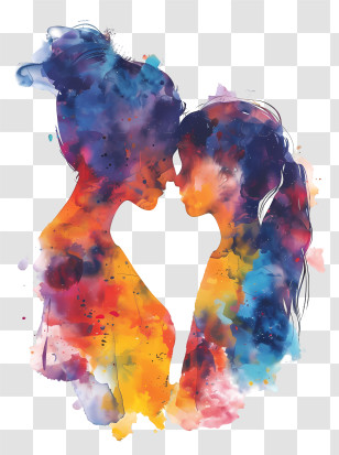 Mother And Daughter - Colorful Watercolor Silhouettes Transparent PNG
