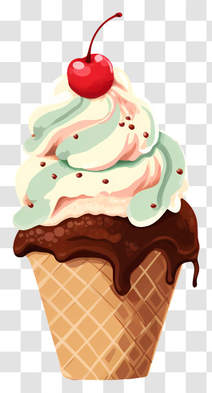 Ice Cream Cone - Ice Cream Cone With Cherry And Chocolate Topping Transparent PNG