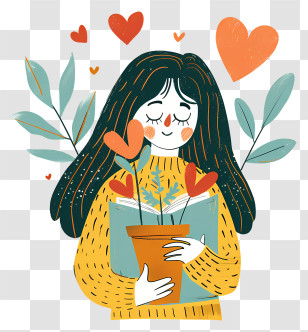 Book Lover - Girl Holding Plant And Book With Hearts Transparent PNG