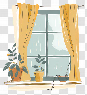 A Sailboat Can Be Seen In The Distance - Decorative Window With Yellow Curtains And Plants Transparent PNG