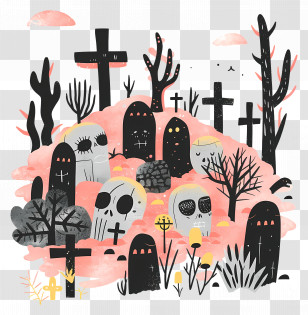 Zombie Cemetery - Spooky Graveyard With Tombstones And Skulls Transparent PNG