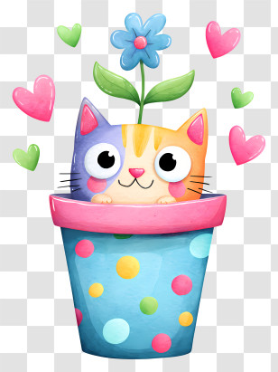 Kawaii Cat - Colorful Kitten In Flower Pot Transparent PNG