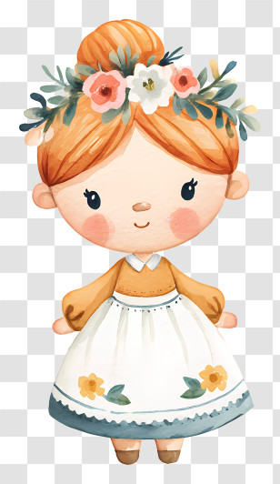 Watercolor Baby Doll - Cute Doll With Floral Headband Transparent PNG